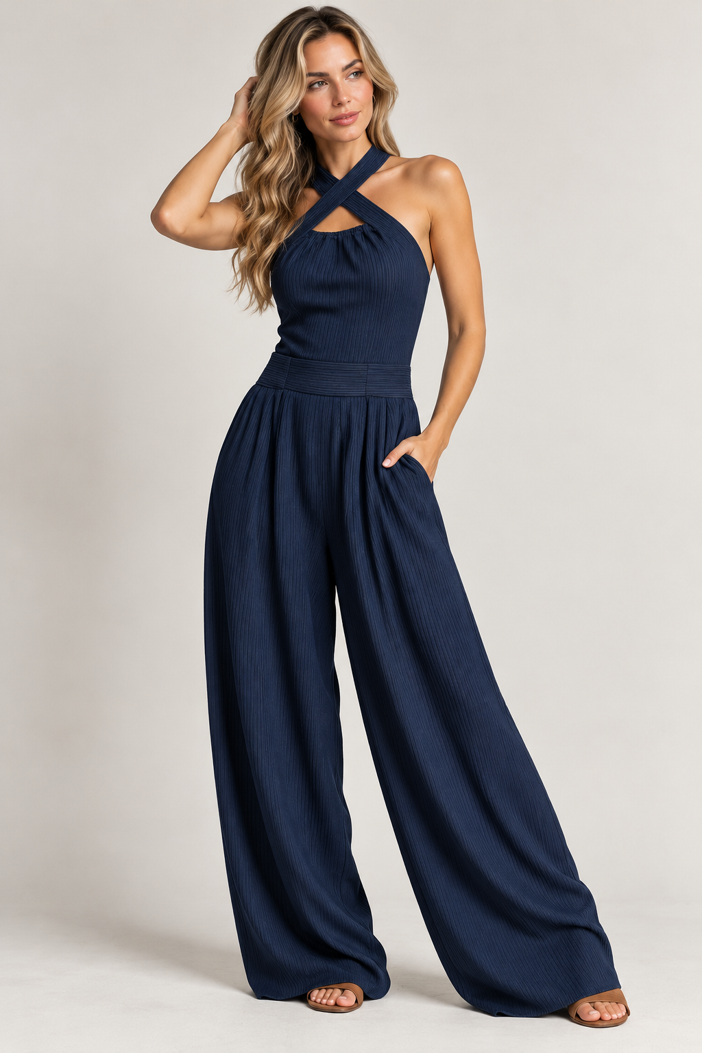 Combinaison Femme Fluide Jambes Larges Encolure Américaine