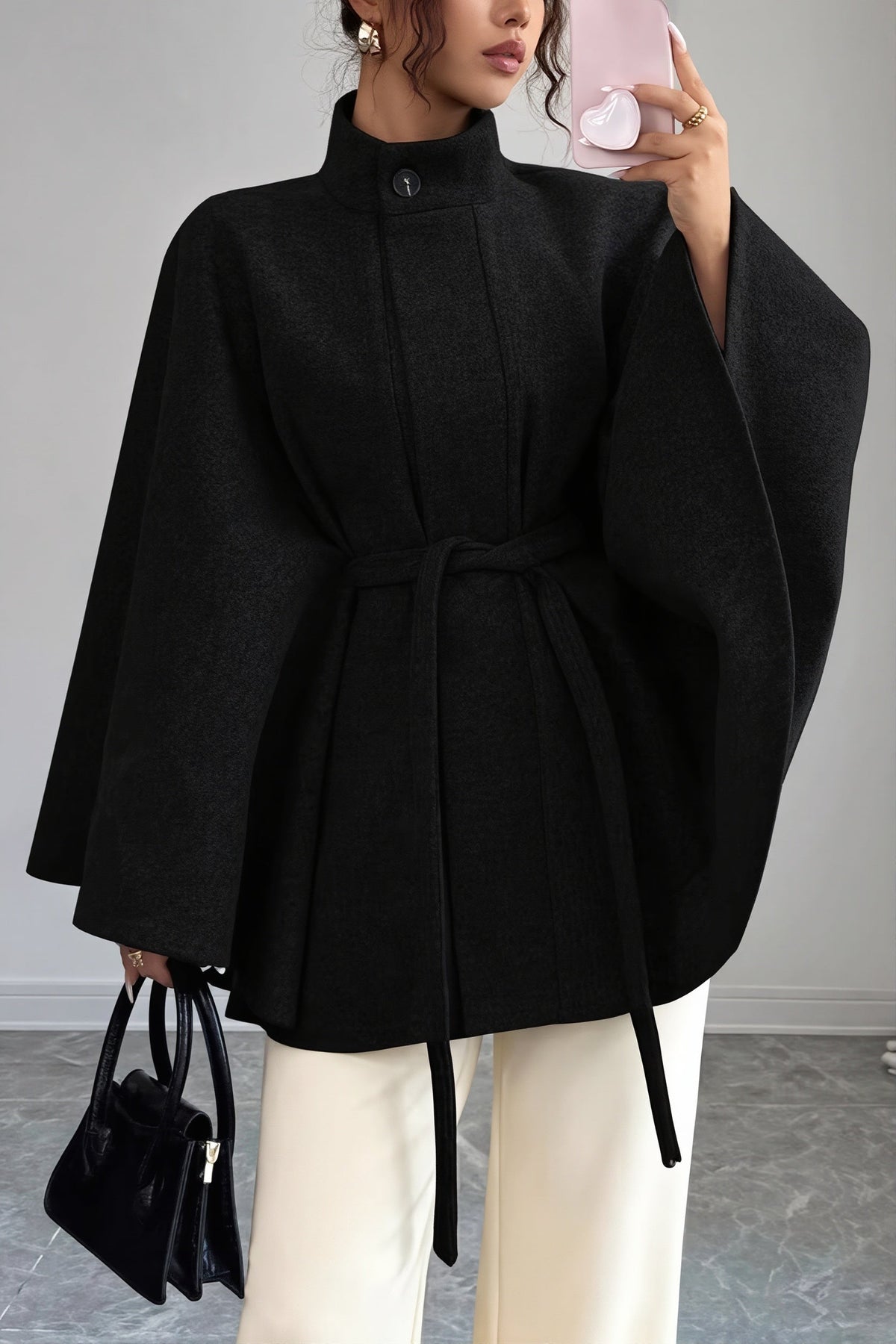 Veste cape femme à manches amples avec ceinture, aspect laine