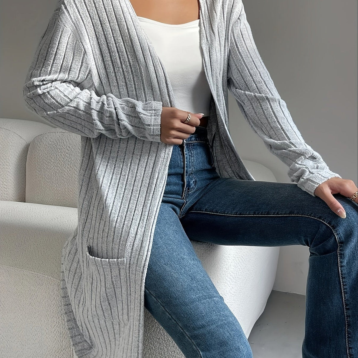 Cardigan Femme Côtelé Ouvert Devant Léger