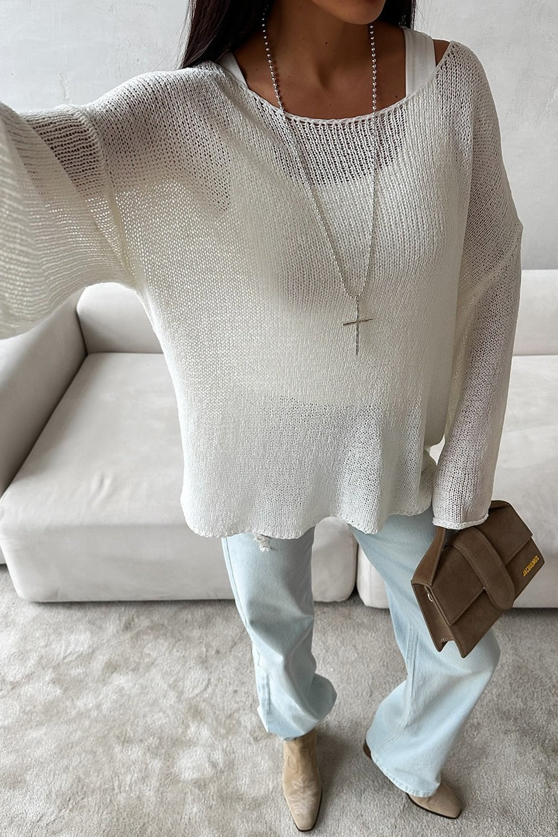 Vue arrière du pull femme en maille ajourée à épaules dénudées