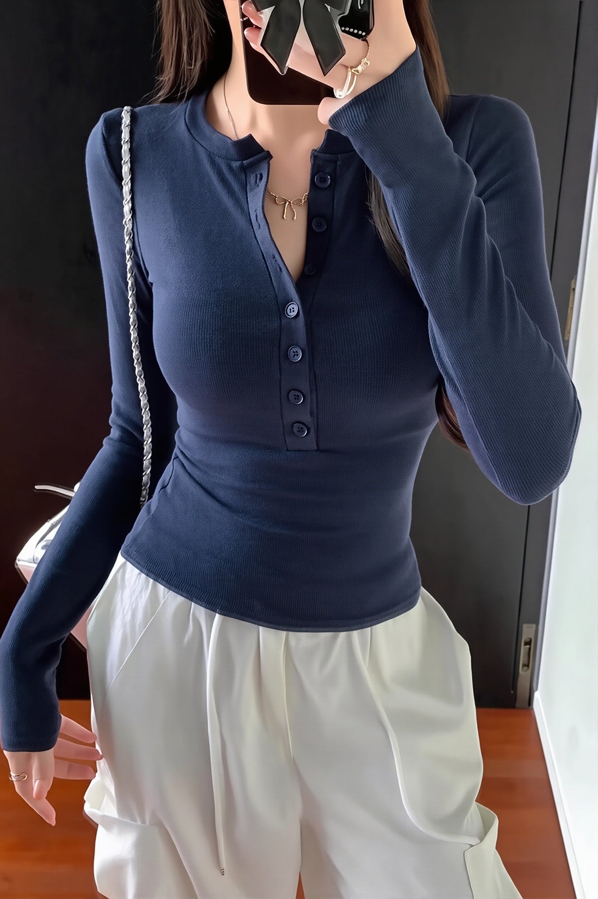 T-shirt femme ajusté en maille côtelée à manches longues