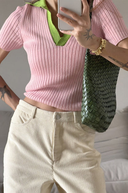 Manches longues du pull polo femme vert côtelé