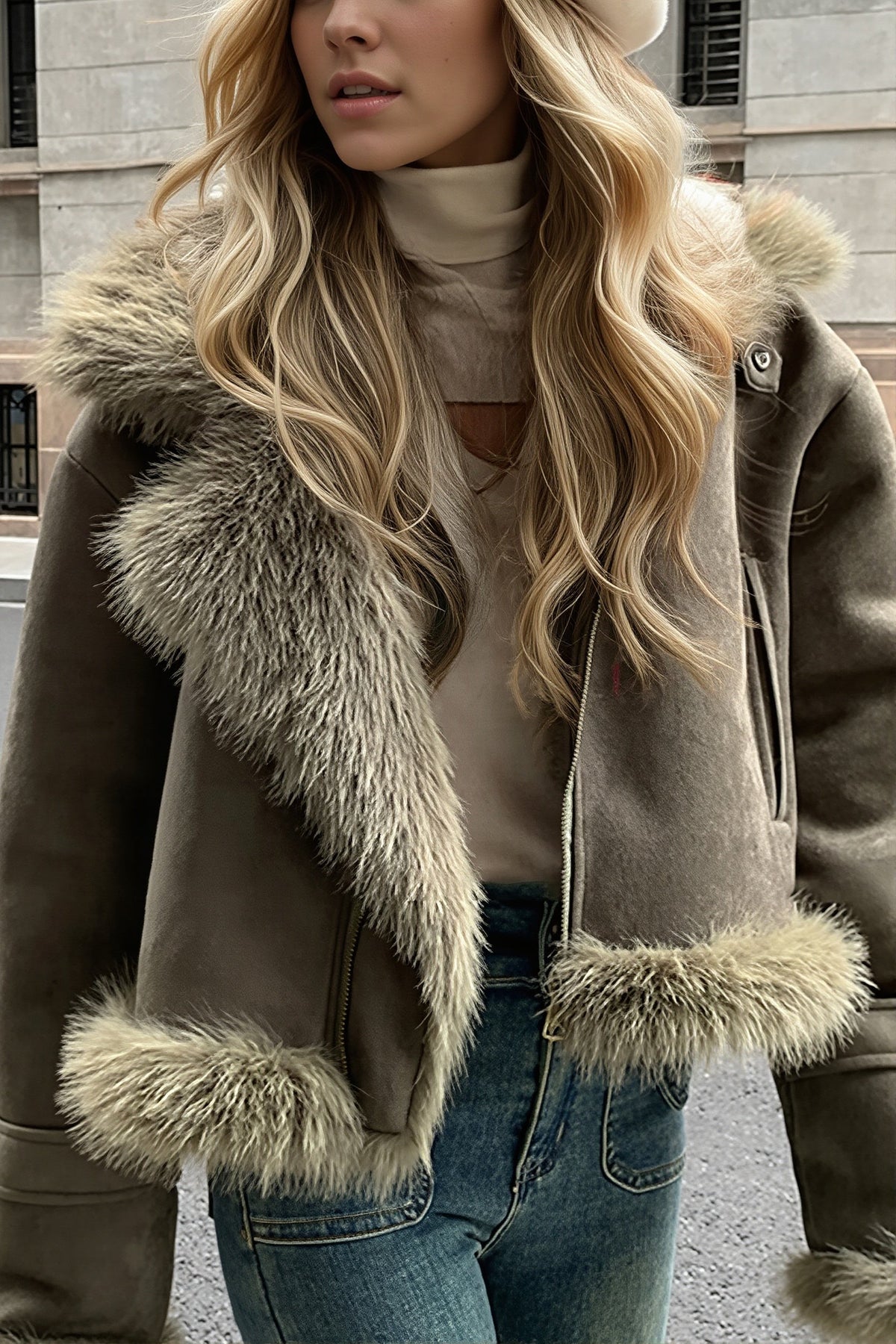 Manteau femme court en suédine vu de face avec col en fausse fourrure