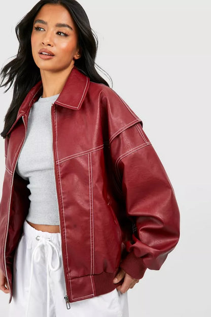 Veste En Cuir Oversize Femme Rouge