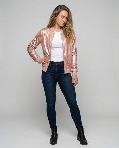 Veste bomber brillante pour femme vue de dos