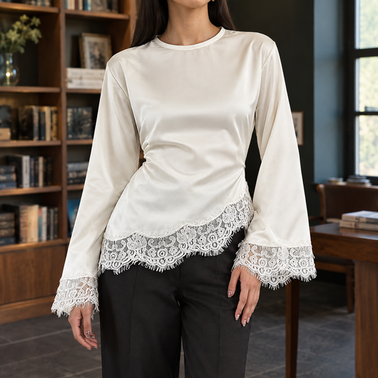 Top femme asymétrique en dentelle à manches évasées