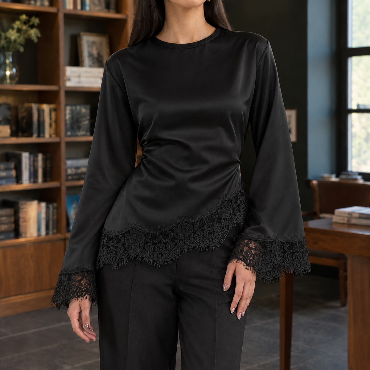 Top Femme Asymétrique En Dentelle À Manches Évasées