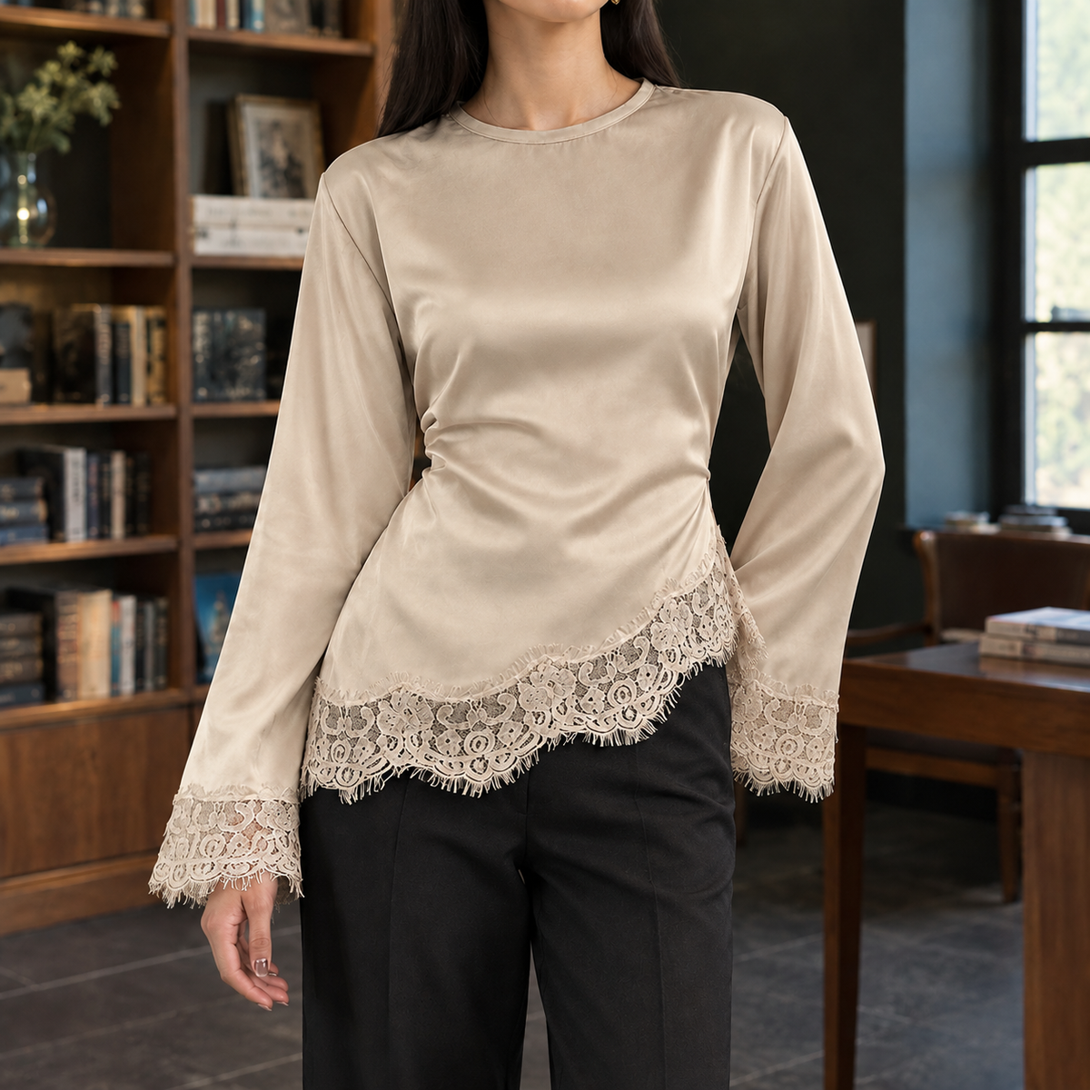 Top Femme Asymétrique En Dentelle À Manches Évasées