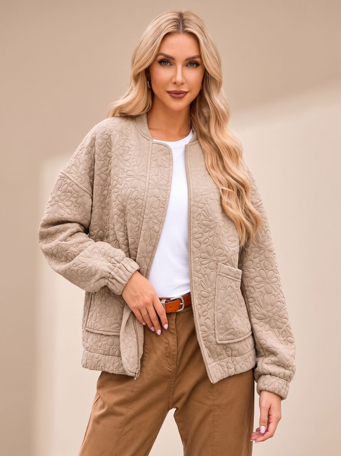 Veste Bomber Femme Matelassée À Fleurs Beige