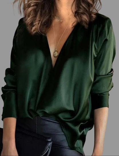 Blouse satinée femme à décolleté V drapé et manches longues