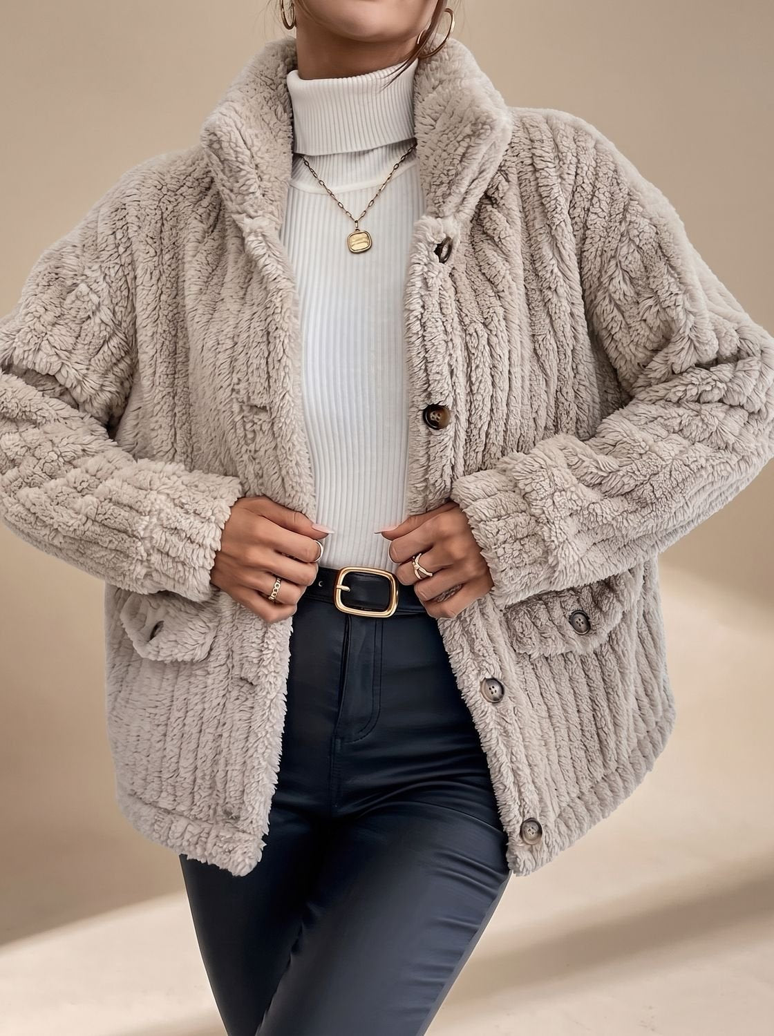 Manteau Femme En Fausse Fourrure Teddy Boutonné