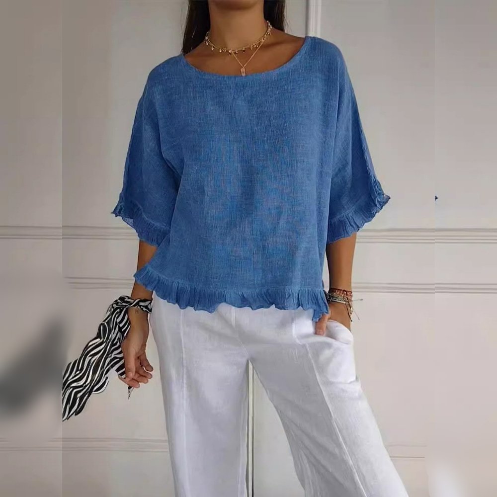 Blouse femme à l’aspect lin avec manches courtes et coupe ample