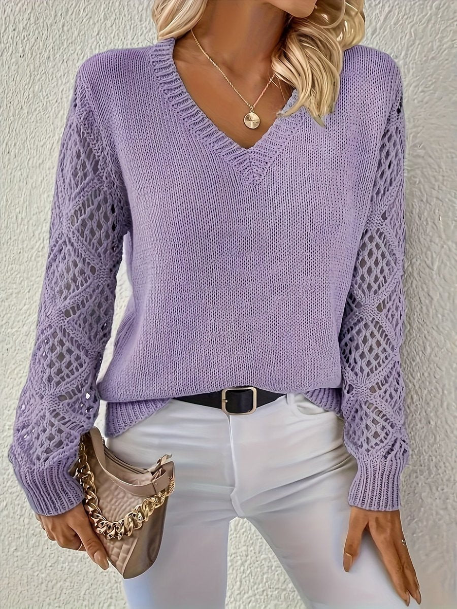 Vue latérale du pull femme en maille à col V
