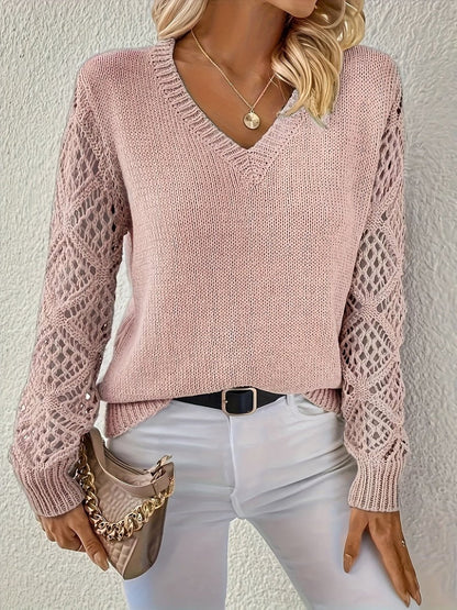Pull Femme En Maille À Manches Ajourées Col V